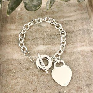 925 Sterling Silver Bead Heart Toggle Bracelet Chunky Thick Bold Link Bracelet